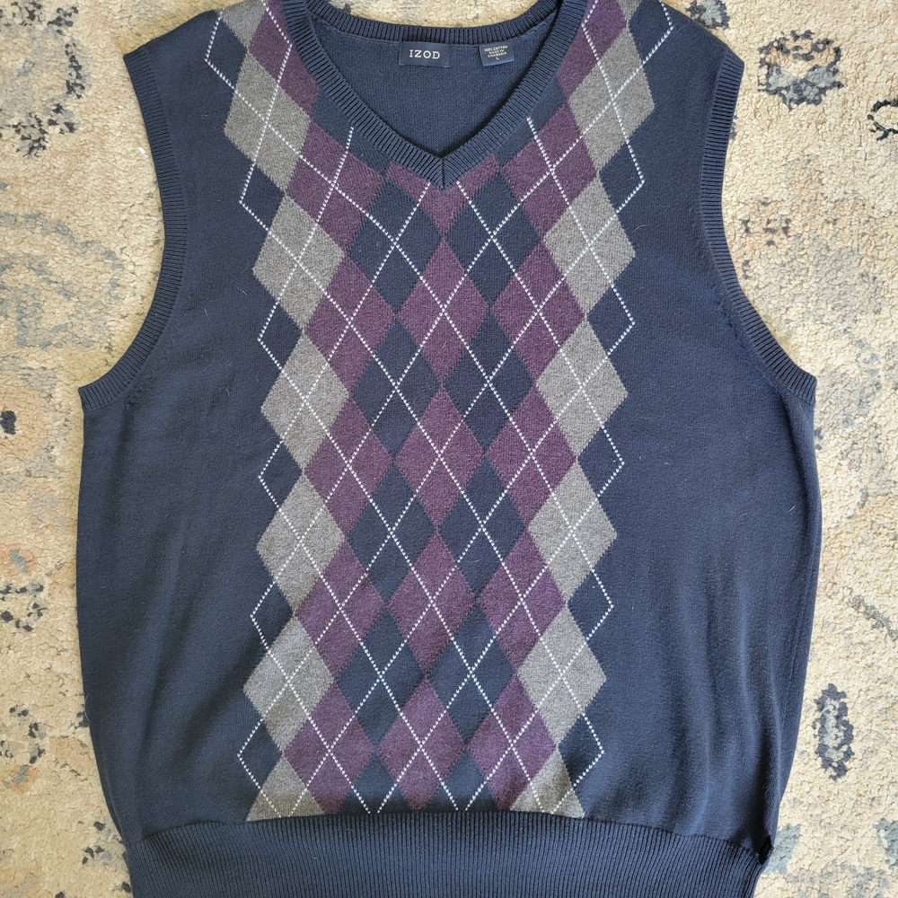 Izod Men's V-Neck Argyle Sweater Vest - Navy and Purple